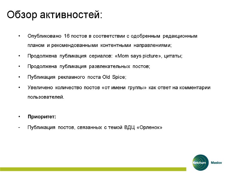 Обзор активностей: Опубликовано 16 постов в соответствии с одобренным редакционным планом и рекомендованными контентными